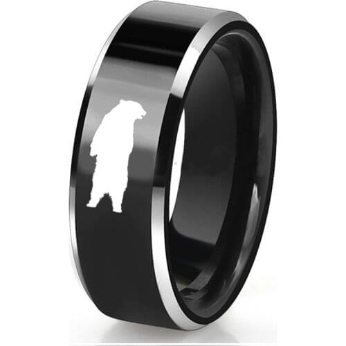 Dropshipping Engrave Bear Animal Rings for Men 8mm Tungsten Wedding Band Natural Hunting Jewelry Size 6-14