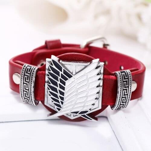 Anime Attack on Titan PU Leather Charm Bracelet Wings of Liberty Metal Alloy Wristband Red Bangles Wristlet Punk Accessories