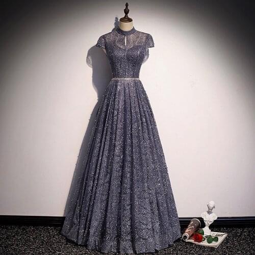 Shiny A-Line Prom Dresses With Sleeves Gray Sequin Blackless Dubai Arabic Wedding Formal Party Evening Gowns Elegant High Neck