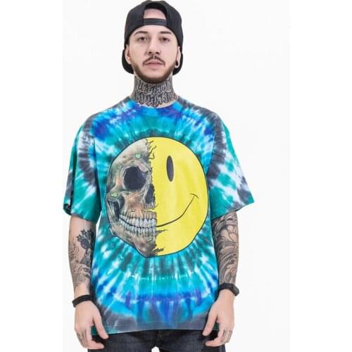 Hip Hop Tie Dye T-shirt Mens Streetwear Harajuku Smiley Print Tshirt Cotton Top 2021 Summer Fashion Short Sleeve Camouflage Tee