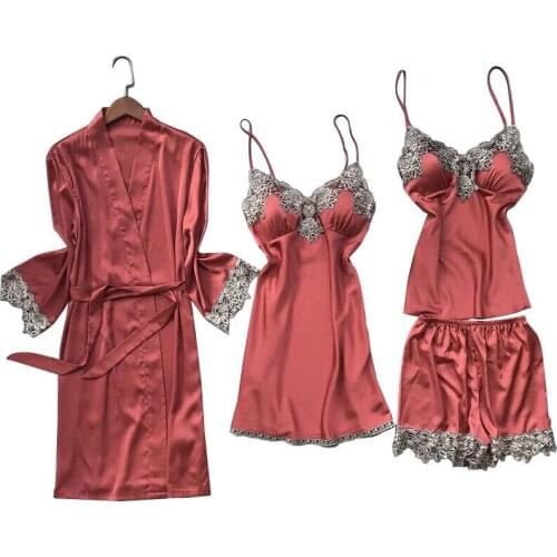 Women 4Pcs Sleepwear Set Cardigan+Dress+Top+Shorts Solid Color Sexy Lace Ladies Silk Satin Comfort Loose Soft Poplin Pajamas Set
