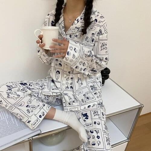 Korean Pijamas Women New Summer Kawaii Print Pajamas Loose Casual Lapel Pyjamas Spring Plus Size Sleepwear Soft 2Piece Home Suit