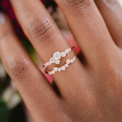 Milangirl 2 Pcs/set Elegant Womens Ring Elegant Rose Gold Color Geometric Crystal Rhinestone Zircon Ring for Party Jewelry