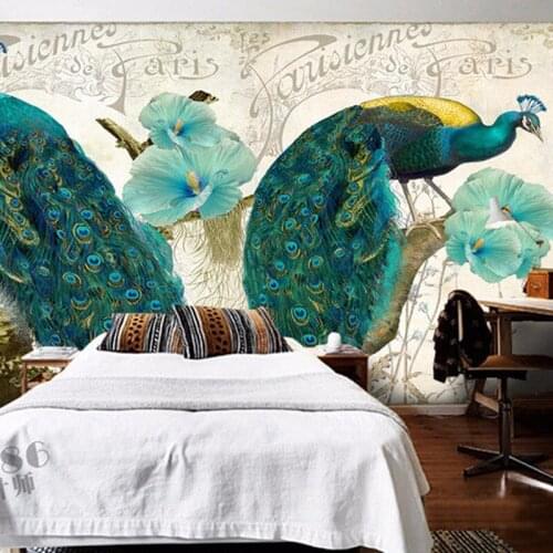 Minimalist bedroom living room TV background paper large mural new Chinese blue and green peacock Custom sizes