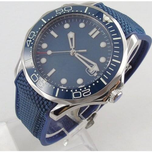 Automatic Mens Watch 41mm Blue Dial MIYOTA 8215 Blue Ceramic Bezel Rubber Screw Crown Sapphire Crystal