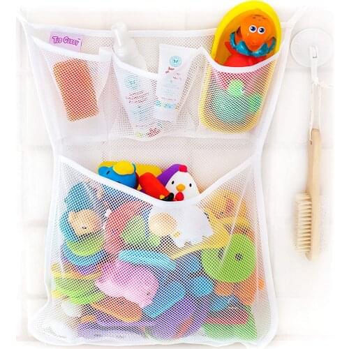 Bath Toy Organizer + Ducky - Mesh Net Bin - Baby Bathtub Game Holder with Suction & Sticker Hooks Toddler Play Bathroom Storage