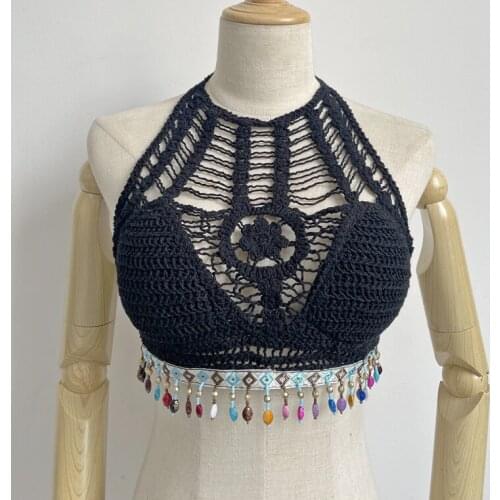 Sexy hollow out bandage crop tops women bead work tassels crop tops women halter camisole top woman padded tanks crop tops