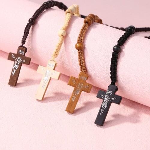 Religious Wooden Antique Cross Rosary Pendant Necklaces Beads Catholic Jesus Christ Rosary Necklace Men Women Jewelry Gifts