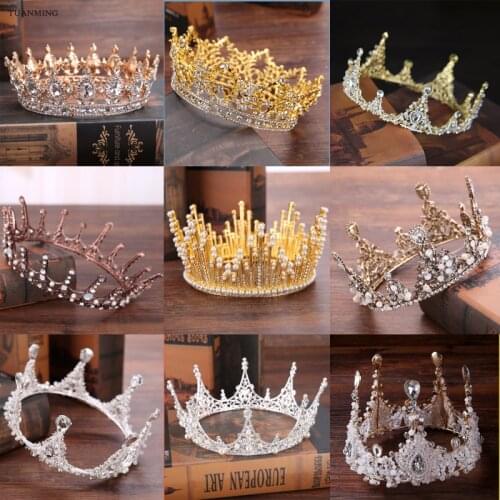 Baroque Gold Silver Color Wedding Hair Accessories Crystal Tiara Crown Pearl Handmade Bridal Round Crowns Hair Jewelry For Women