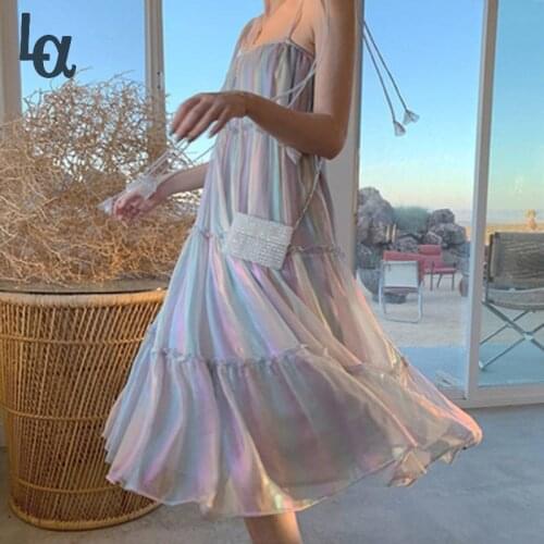 Luck A Camisole Rainbow Dress Women Colorful Lovely Ruffles Femme Spaghetti Strap Vestidos Korean Chic Lady Beach Party Sundress