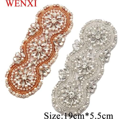 WENXI 10PCS Bridal Handmade Beaded Rose Gold Rhinestones Appliques For Wedding Dress Sash Rhinestones Appliques Accessory