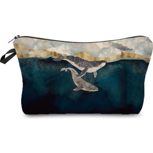 Japanese Ukiyo Cosmetic Bag Women Animal Fish Whale Storage Makeup Bag Blue Mini Toiletry Bag Travel Portable Child Pencil Case