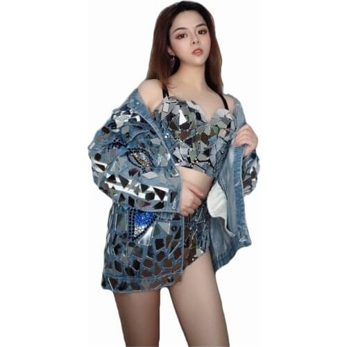 Silver Sequins Women Denim Jacket Nightclub Bar Prom Party Outfit Singer Jazz Dance Stage Costume