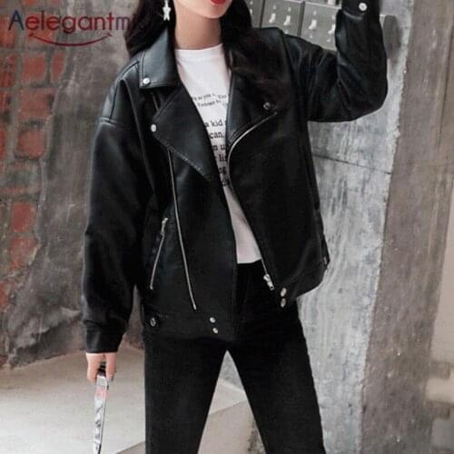 Aelegantmis Vintage Black Faux Leather Jacket Ladies New Loose High Street Female PU Jackets Boyfriend Causal Outwear 2021 Chic