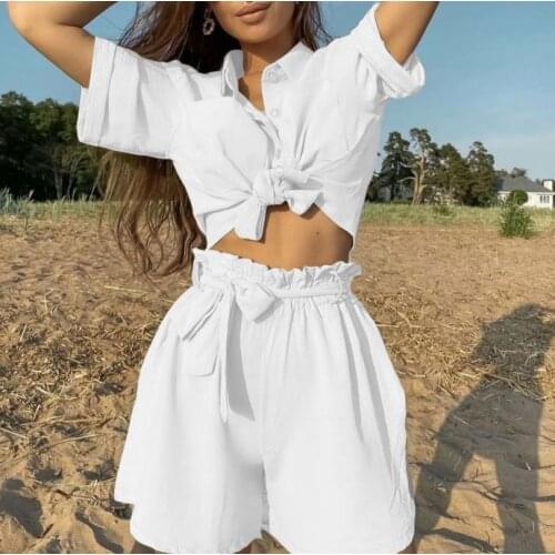 2021 New Fashion Women Summer Tracksuit Sets Solid Color Short Sleeve Shirts Top+ High-Waist Loose Shorts Fashion Clothes Sets