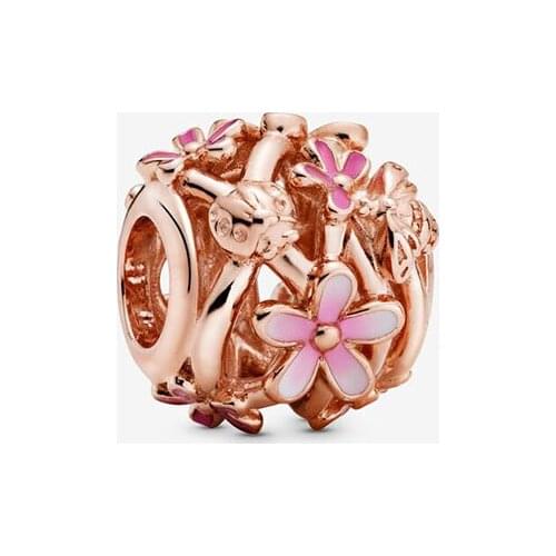 2020 New 925 Sterling Silver Beads Openwork Pink Daisy Flower Charms fit Original Pandora Bracelets Women DIY Fashion Jewelry