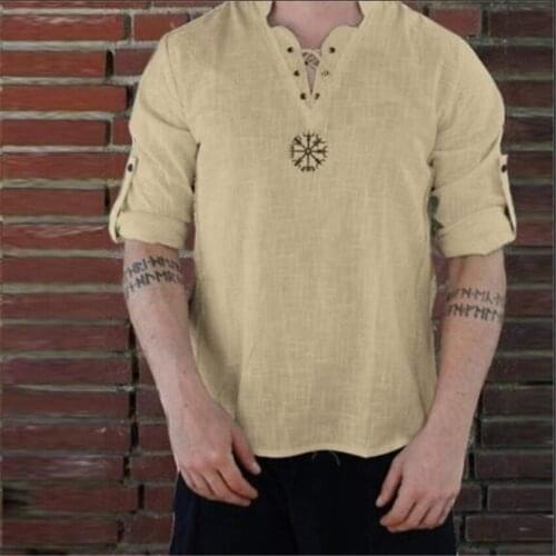 2021 Medieval Viking Linen Top Shirt Costume Renaissance Men Retro T-shirt Knight Cosplay Tee for Adult Halloween Costume