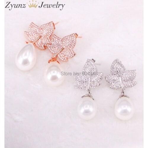 4 Pairs ZYZ332-4846 Micro Pave CZ Crystal Shell Pearl Leaves CZ Zircon Drop Earrings Mother of Pearl Jewelry