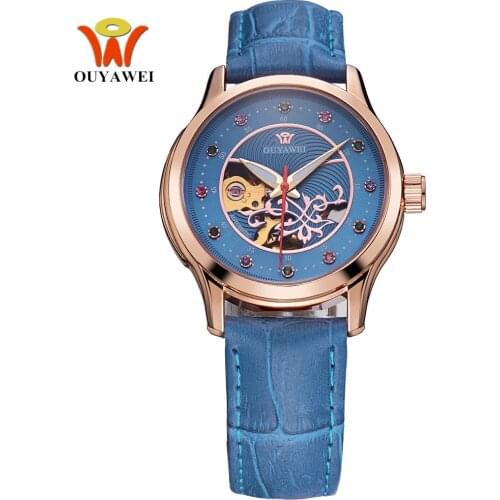 Fashion Automatic Mechanical Women Watches Luminous Skeleton Dial Blue Leather strap Self Wind Waterproof Lady Dress Wristwatch