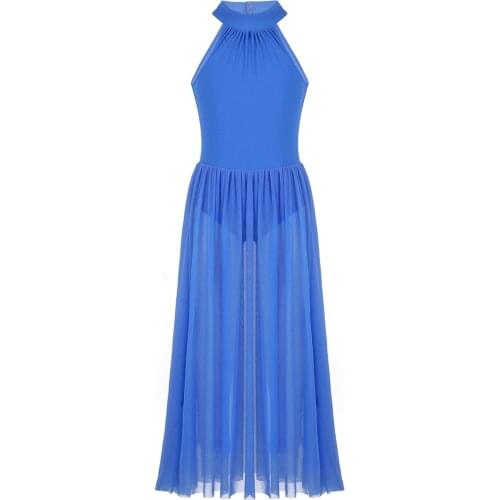Kids Girls Dance Dresses Sleeveless Mock T-Neck Leotard Bodysuit with Mesh Maxi Skirt for Celebration of Spirit Praise Lyrical