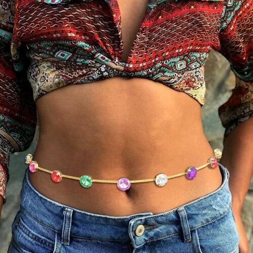 Rainbow Color Geometric Rhinestone Waist Chain for Women Beach Bikini Hollow Out Belly Waist Chain Body Jewelry Accessories