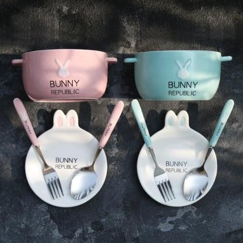 Ceramics Double-layer Ramen Noodles Bowl Anti-scalding Instant Noodle Bowl Cute Bunny with Lid and Spoon Chopsticks Tableware
