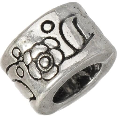 Round Beads Hand Made Bracelets Rope DIY Jewelry Fittings Flower Engraved Silver Plated Metal 9*6mm European Bead Big Hole 30pcs