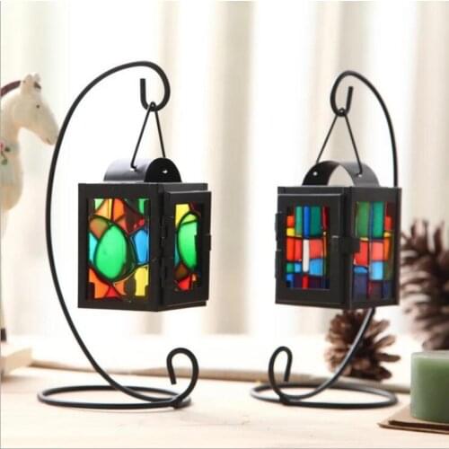 Metal Tea light Holder Iron Candle holder with Hanger Color Glass Iron Decor Lantern Mix color for wedding Party House Decor