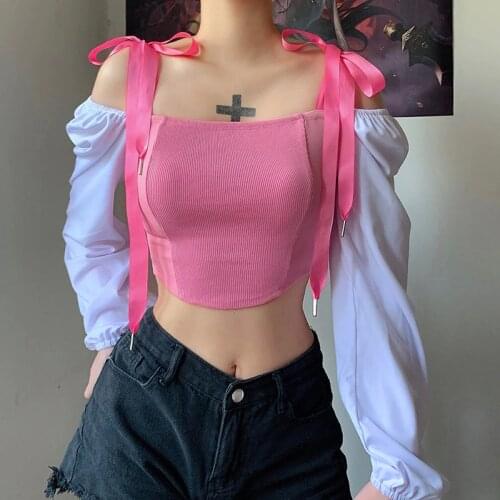 Fashion Women Satin Tied Shoulder Tops Sweet Female 2021 Spring Sexy off Shoulder White Long Sleeve Patchwork Knit Slim T-Shirts