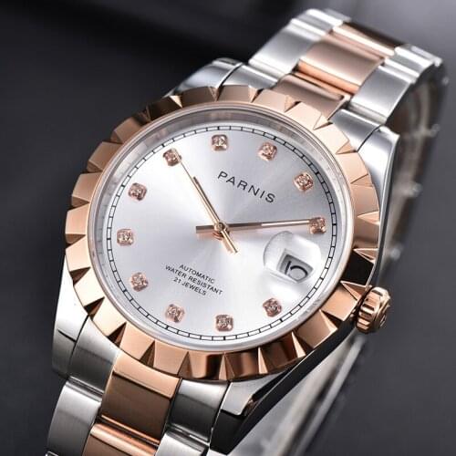 Parnis 39.5mm White Dial Automatic Mechanical Men Watch Calendar Miyota 8215 Movement Mens Watches Diamond Scale Man Clock 2020