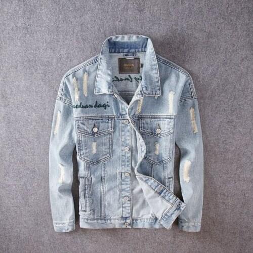 Men Jackets Retro Light Blue Embroidery Designer Ripped Denim Jackets Men Casual Coats Hip Hop Fashion Streetwear Chaqueta Homme