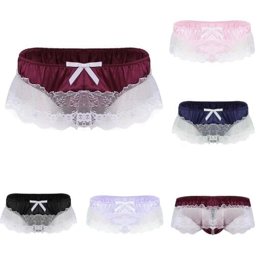 Sissy boy Gay Men Sexy Sexy Mens Stretch Bulge Pouch Bikini Briefs satin Lace Hollow Out Thong Underwear Erotic Underpants