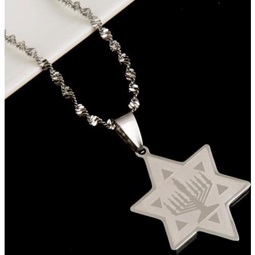Stainless Steel Star of David Pendant Necklace Fashion Menorah Temple with Star Women Charm Jewelry