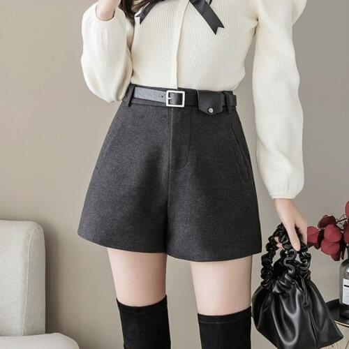 2021 Autumn Winter Woolen Woman Shorts Belted High Waist Wide Leg Short Pants Women Fashion Office Ladies Bottoms Short Mujer