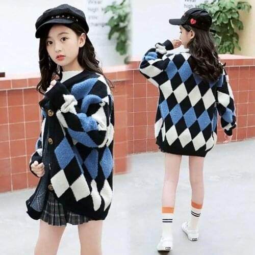 Ceometric Knitted Sweater For Girl 6-15 Years Teenage Kids Loose V Neck Cardigan Jacket Blue Beige Sweaters Coat For Girls 14 12