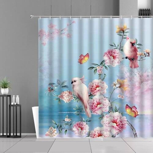 Spring Floral Bird Butterfly Scenery Shower Curtains Green Plants Pink Flowers European Home Decor Waterproof Bathroom Curtain