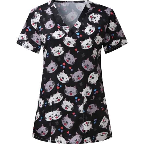 Women Kawaii T-Shirts kasacks Short Sleeve V-neck Cute Cartoon Print pocket Top Nursing Working Uniform T-shirts футболки
