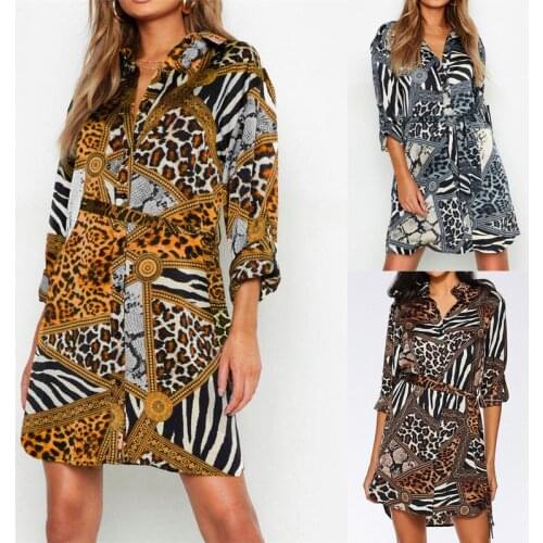 Leopard Print Spring/Summer Printed V-neck High Waist Lace-up Long Sleeve Ladies Chiffon Shirt A-line Skirt Dresses for Women