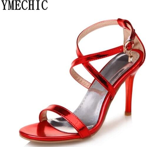 YMECHIC 2018 Summer Shoes Woman Stiletto Gold Silver Party Wedding High Heels Sandals Lady Big Size Cross Tied Gladiator Sandal