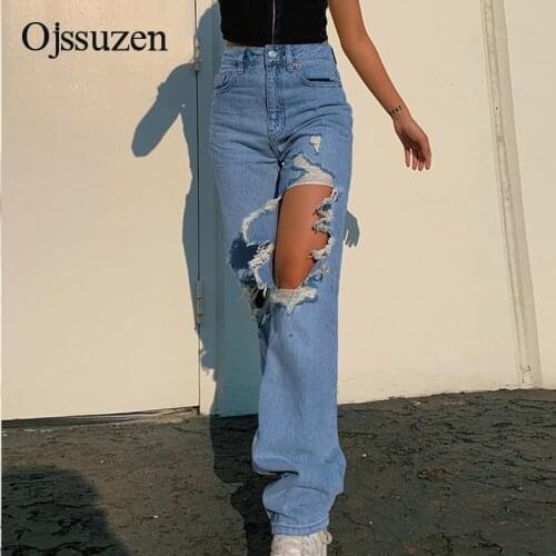 Plus size high street hole pants jeans for ladies 2021 new vintage jeans loose women straight cowboy trousers