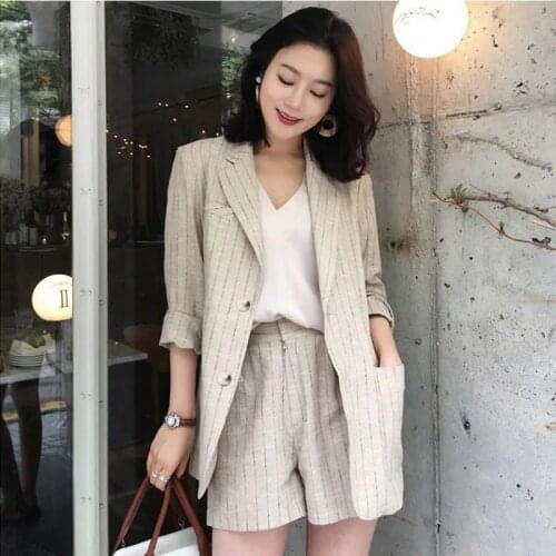 2 piece outfits for women suit female summer business OL linen temperament striped jacket + shorts casual fashion suit