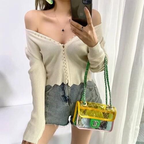Foridol pearl button knitted cropped cardigans women v neck khaki short slim sweater cardigans autumn winter 2020