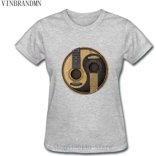 2020 Classic Yin Yang Design Old Acoustic Guitars T-Shirts For Women Music instrument Short Sleeve Cotton Tee Shirt Top For Sale