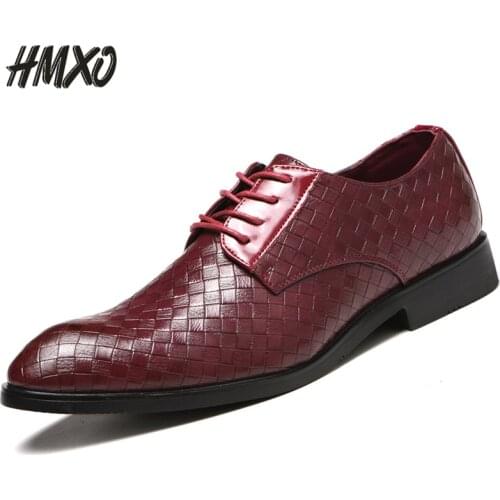 HMXO British Style Dress Men Casual Shoes Tooling Shoes Plaid Round Toe Leather Shoes Business Lace-up Men Leather Casual Shoes