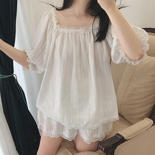 Cute Womens Princess Pajama Sets Cotton Ruffle Tops+Shorts Vintage Ladies Girls Lace Pyjamas set Sleepwear Loungewear