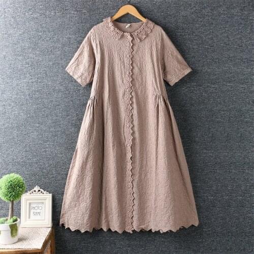 Lace peter pan collar single breasted vintage cotton Hook flower embroidery dress 2020 summer