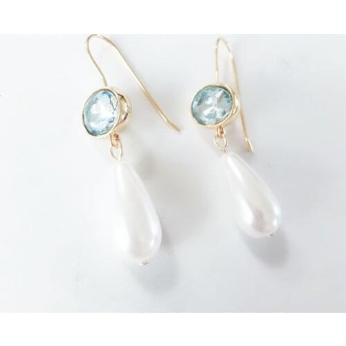 Copper Fishhook Teardrop Pearl Light Blue Stone Gold Elegant Earring