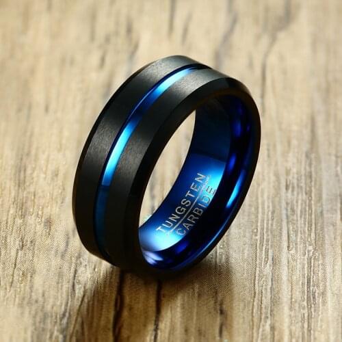 Mens Black Tungsten Carbide Rings 8mm Matte Finished Wedding Bands Blue Thin Line Groove Rings for Male Gentleman Jewelry