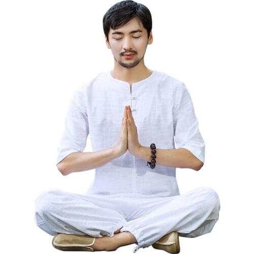 Men Yoga Set Cotton Linen Loose Wide Leg Yoga Pant Yoga Shirts Male Meditation Martial Arts Tai Chi Uniform Kung Fu Suit Clothes