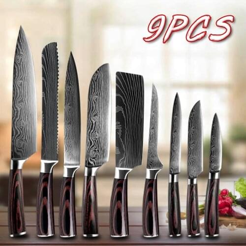 Pro 9pcs Damascus Pattern Kitchen Knife Set Chef Knives Japanese Stainless Steel Imitation Knife Set